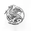 A Game of Thrones inspired tattoo featuring a direwolf and a dragon tattoo design idea