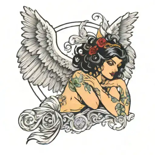 A sexy female harpy in topless posing on a clothes hanger tattoo design idea