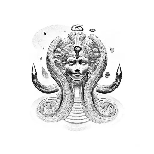 A striking blackwork tattoo featuring a medusa with Egyptian hieroglyphs incorporated into the design tattoo design idea