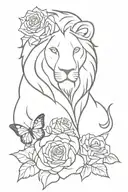 lion and butterflies and roses tattoo design idea