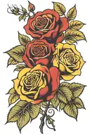 red and yellow roses that wind together that the stems fade into words that say papa and Mimi Dixon  tattoo design idea