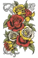 red and yellow roses that wind together that the stems fade into words that say papa and Mimi Dixon  tattoo design idea