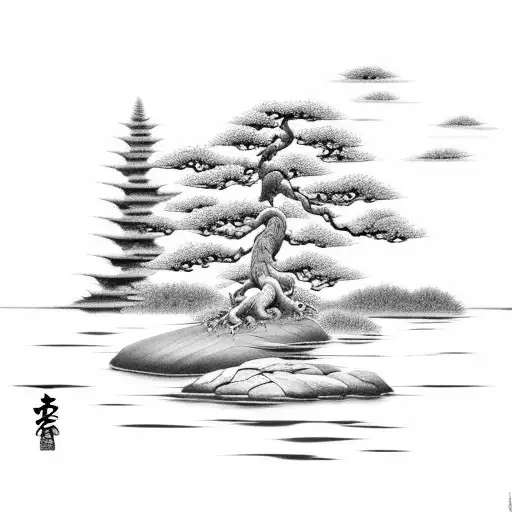  Bonsai; beside, a river with a koi swimming upstream. A stone path leads to a stormy mountain, with dawn break behind tattoo design idea