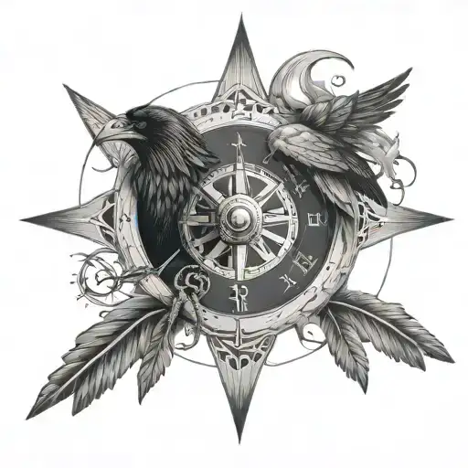 Viking warrior compass and raven tattoo design idea