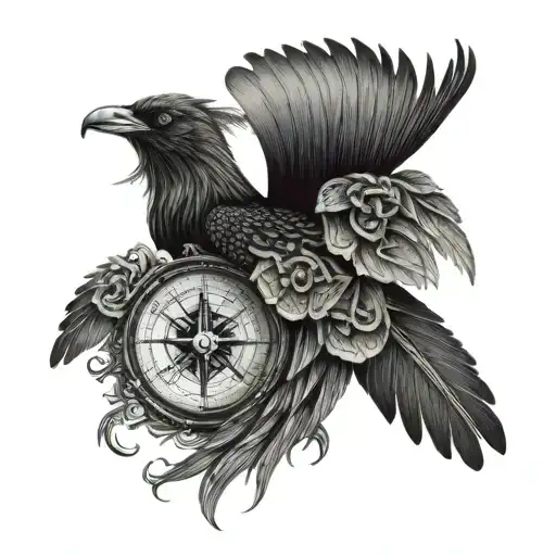 Viking compass flying raven warrior scull  tattoo design idea
