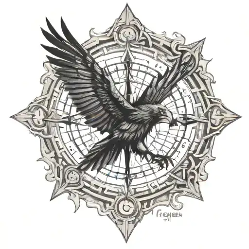 Viking compass flying raven and warrior tattoo design idea
