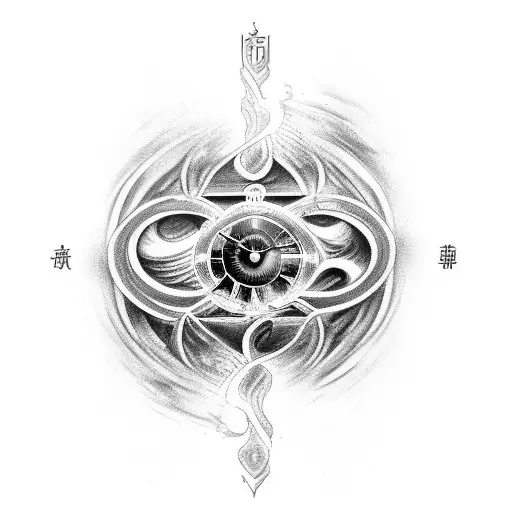 An artistic representation of the concept of time as a flowing river with ancient Greek symbols and Latin quotes tattoo design idea