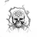 a raven, a skull, a barren tree with ivy tattoo design idea