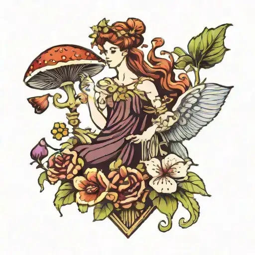 justice of scale, athena greek goddess, venus flytrap, mushroom  tattoo design idea