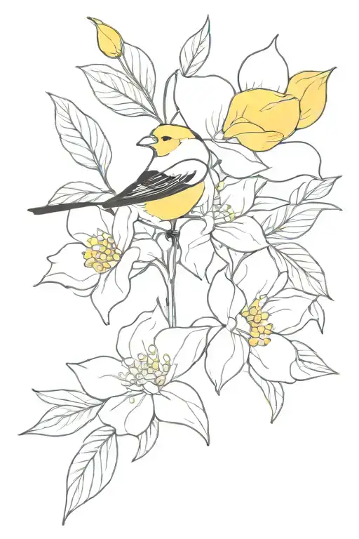 Gardenia and yellow finch  tattoo design idea