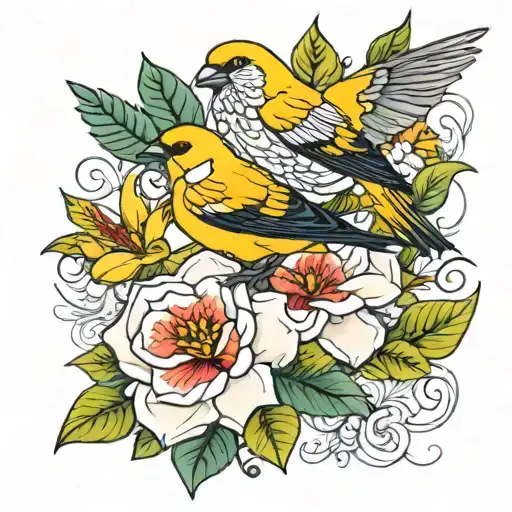 Gardenia and yellow finch  tattoo design idea