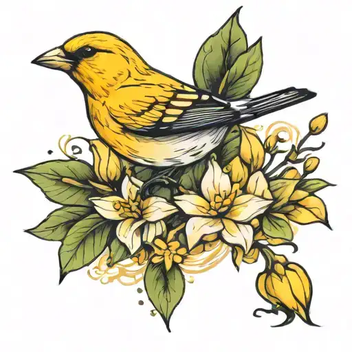 Gardenia and yellow finch  tattoo design idea