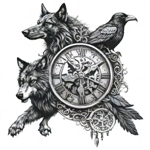 viking vegvisir with wolf and a raven tattoo design idea