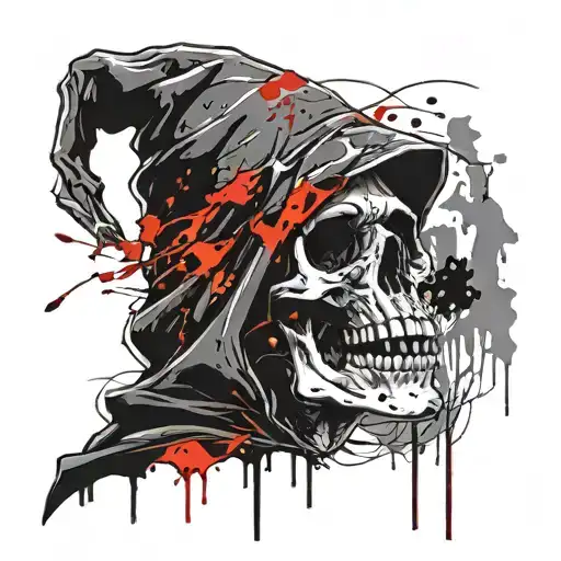 Black Death grim reaper skull pointing to the sky with dark clouds. white grey black.  tattoo design idea
