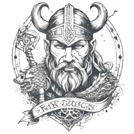 a viking protecting his love, being strong yet humble. with runes depicting family honor love and strength tattoo design idea