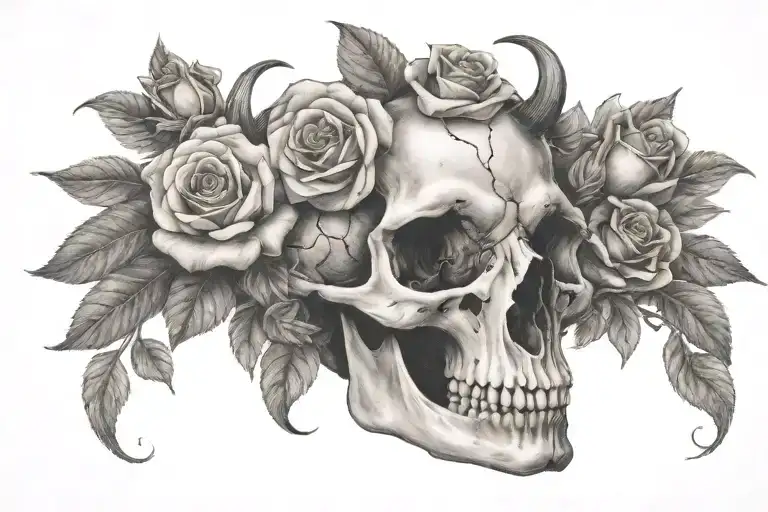 ram skull with roses blooming tattoo design idea