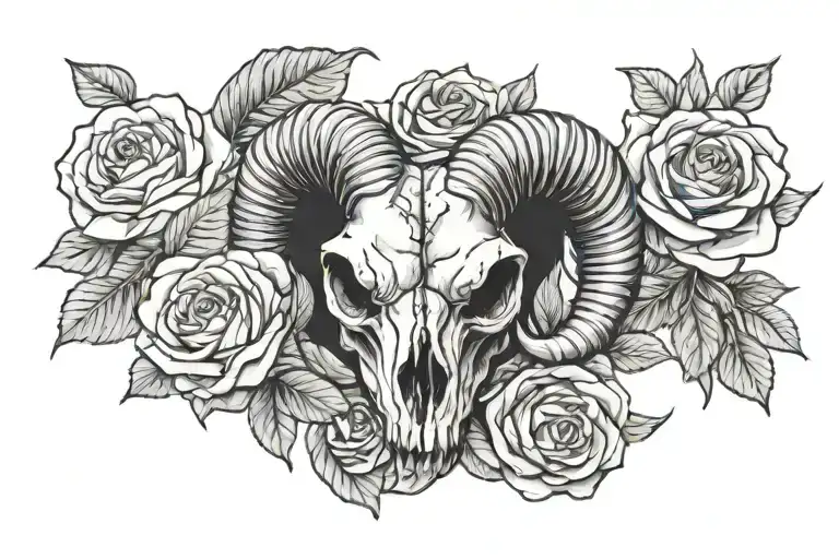 ram skull with roses blooming tattoo design idea