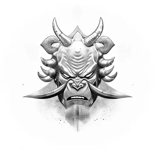 An Oni mask with ram horn  tattoo design idea
