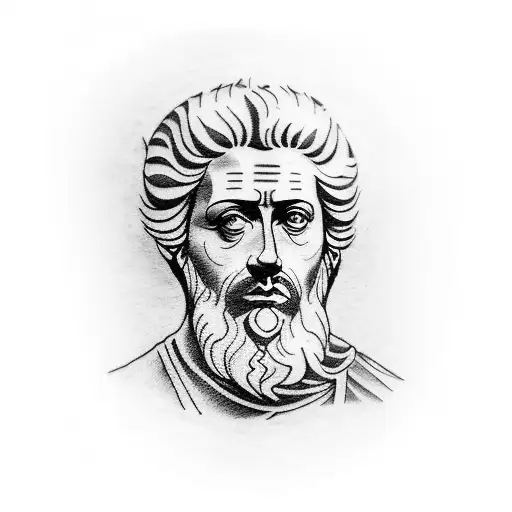 A tattoo of a stoic philosopher, like Marcus Aurelius, with a powerful quote about embracing challenges. tattoo design idea