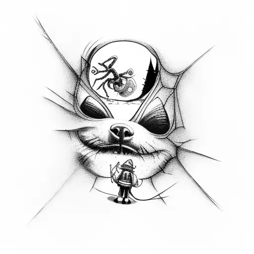 A Tim Burton-inspired scene of a firefighter rescuing a dog from a spider's web tattoo design idea