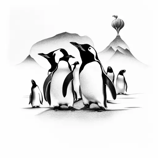 A surreal scene of a Tim Burton-esque world with penguins and firefighters tattoo design idea