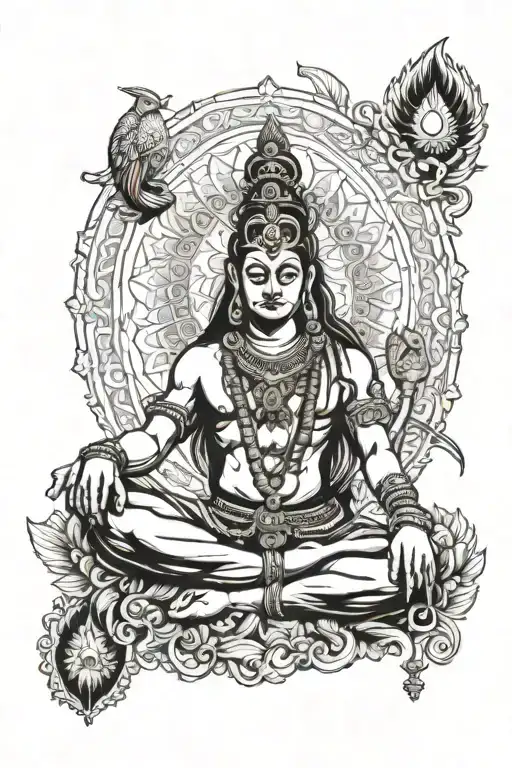 lord shiva meditating with hanuman below him with a peacock feather going across the two joined with rudraksh beads tattoo design idea