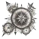 An intricate compass design with musical notes and symbols representing different cities visited tattoo design idea