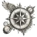 An intricate compass design with musical notes and symbols representing different cities visited tattoo design idea