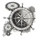 An intricate compass design with musical notes and symbols representing different cities visited tattoo design idea