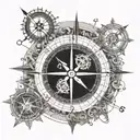 An intricate compass design with musical notes and symbols representing different cities visited tattoo design idea