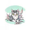 A traditional Japanese-style tattoo of a cat sitting under a blooming sakura tree tattoo design idea