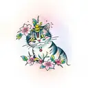 A traditional Japanese-style tattoo of a cat sitting under a blooming sakura tree tattoo design idea