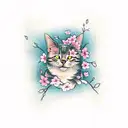 A traditional Japanese-style tattoo of a cat sitting under a blooming sakura tree tattoo design idea