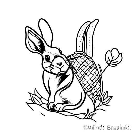 A minimalist tattoo of a rabbit wearing a traditional Japanese farmer's hat tattoo design idea