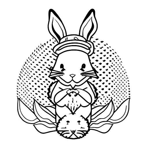 A minimalist tattoo of a rabbit wearing a traditional Japanese farmer's hat tattoo design idea