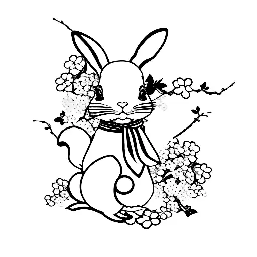 A minimalist lucky rabbit surrounded by Japanese cherry blossoms tattoo design idea
