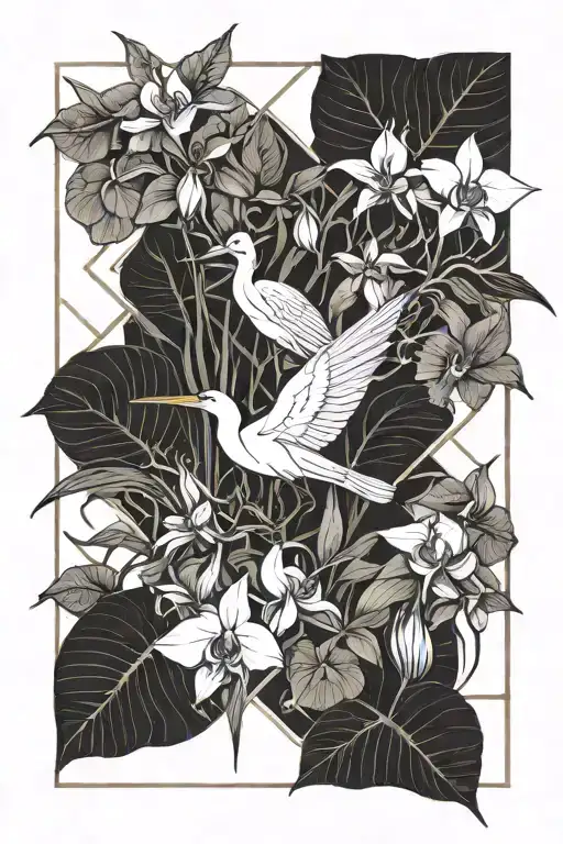 egret surrounded by orchids tattoo design idea