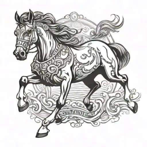 Colombian trocha horse galloping, angus cattle brand, family tattoo design idea