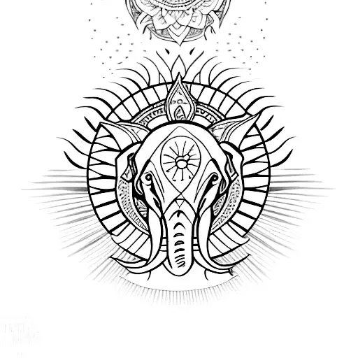 small Elephant skull with lotus and sun in the background, line work tattoo design idea