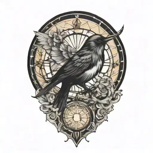 nightingale neo traditional, with circle behind, morphing into geometric black wings tattoo design idea