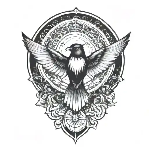 nightingale neo traditional, with circle behind, morphing into geometric black wings spread tattoo design idea