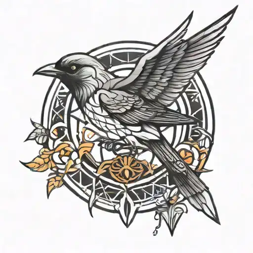 nightingale neo traditional, with circle behind, morphing into geometric black wings  tattoo design idea