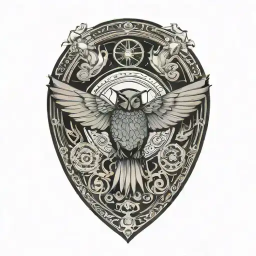 nightingale neo traditional, with circle behind, morphing into geometric black wings spread tattoo design idea