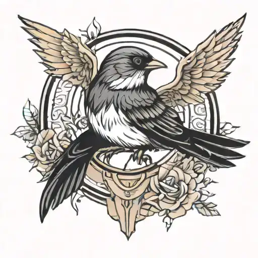 nightingale neo traditional, with circle behind, morphing into geometric black wings tattoo design idea