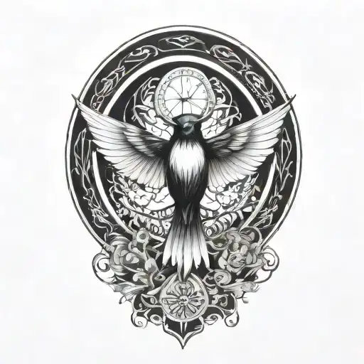 nightingale neo traditional, with circle behind, morphing into geometric black wings spread tattoo design idea