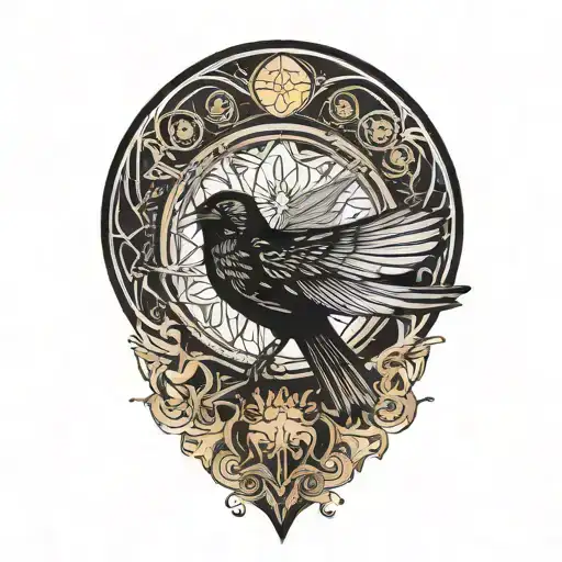 nightingale neo traditional, with circle behind, morphing into geometric black wings spread tattoo design idea