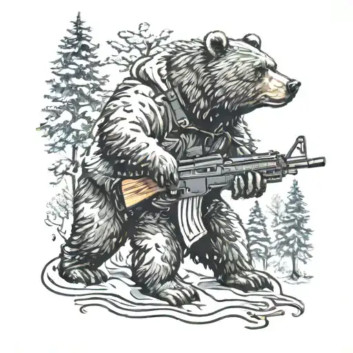 A detailed tattoo of a bear in a snowstorm holding an AK-47 rifle, capturing the essence of winter and military themes tattoo design idea