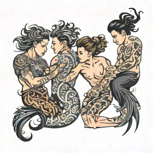 four people with hair that reaches their ankles tattoo design idea