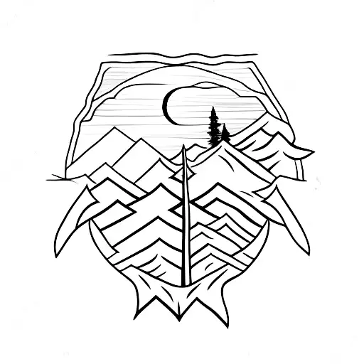 Arrowhead with moon and trees inside it making it look like a forest inside the arrowhead black and white simple tattoo design idea