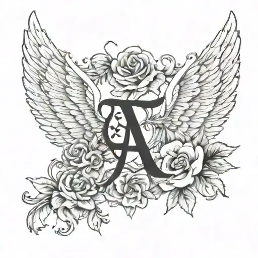 Letter A with angel wings and hearts with flowers tattoo design idea